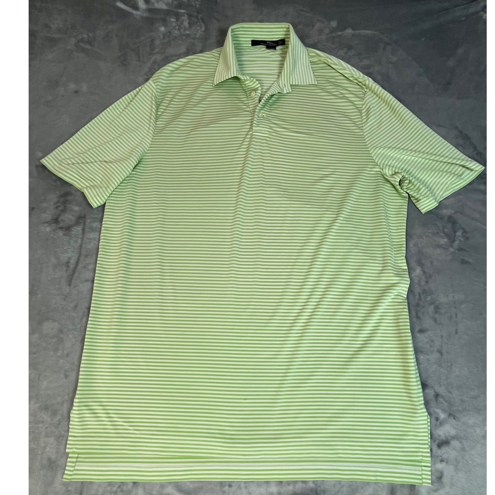 RLX Ralph Lauren Mens‎ Lime Green White Striped Performance Golf Polo Shirt L